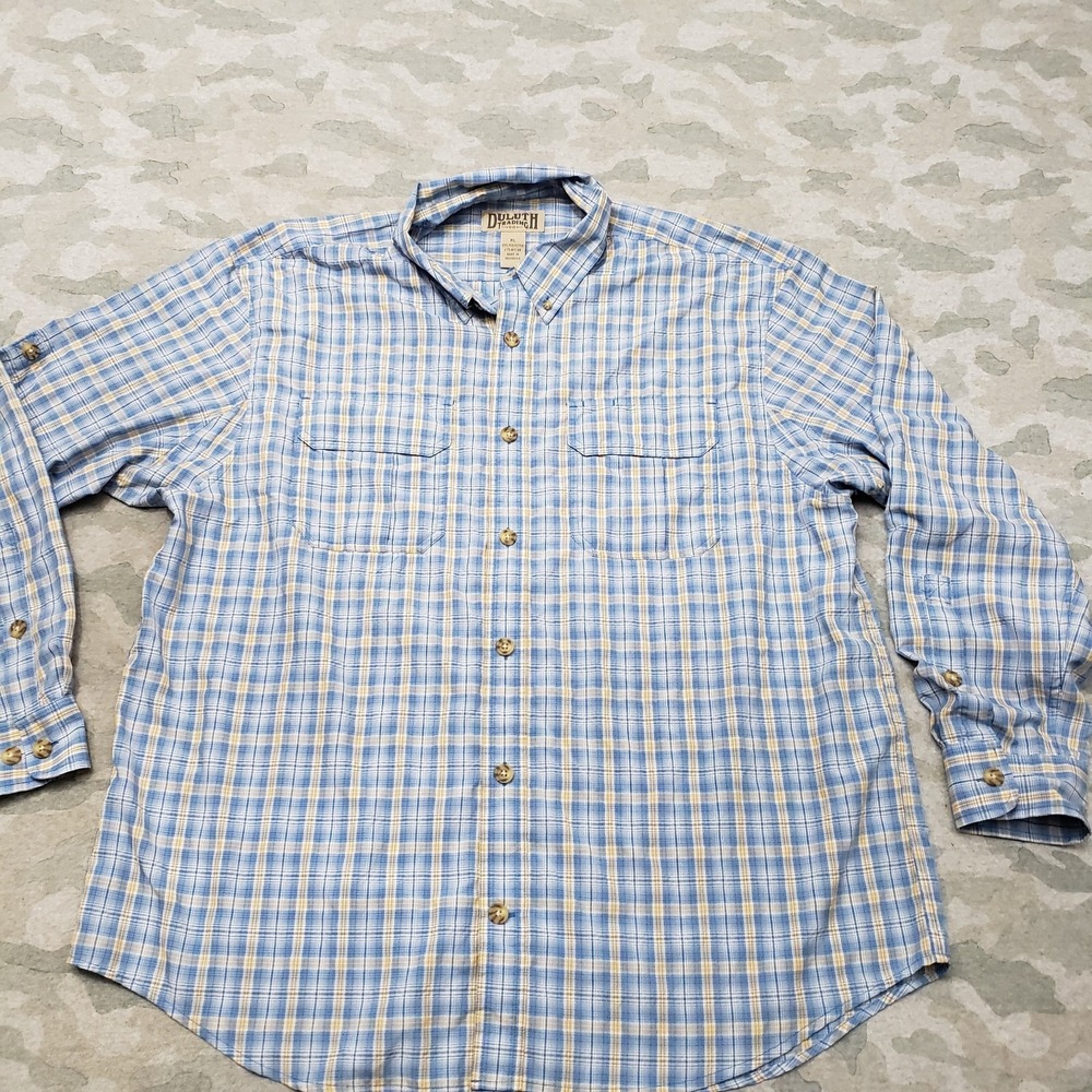 Duluth Trading Shirt Mens XL Blue Check Plaid Long Sleeve Button-Up